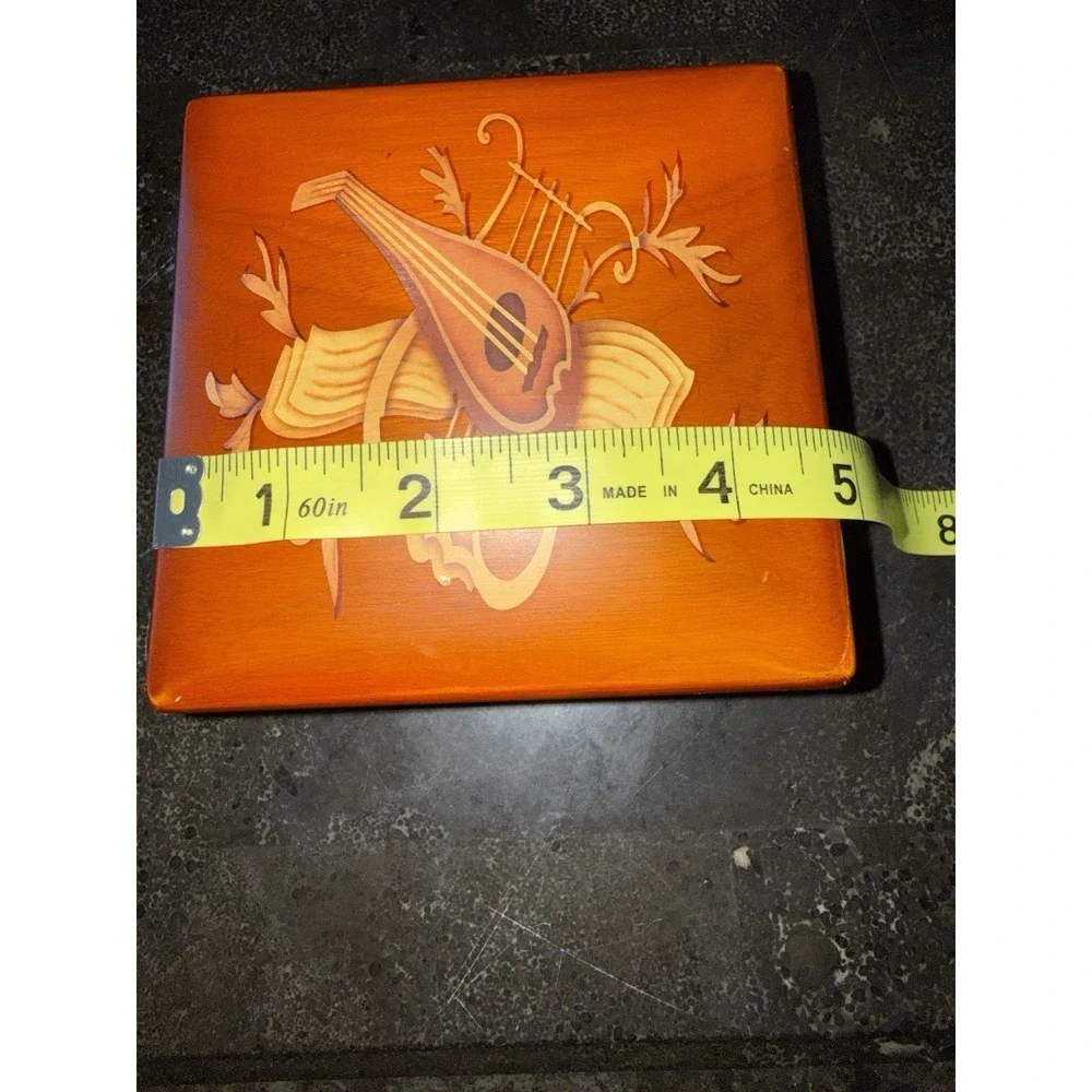 Vtg Wooden Trinket MUSIC Box -Works Scroll, Music Themed- Small Lined